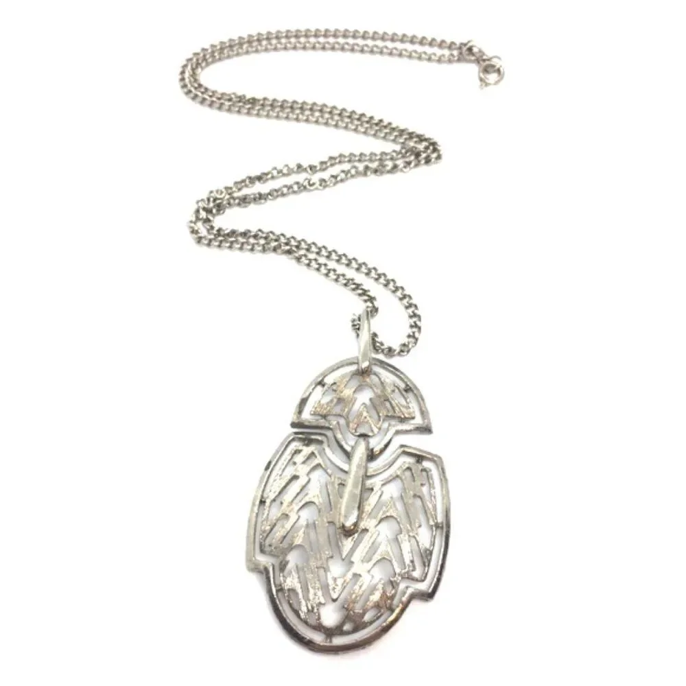 Vintage Scarab Necklace Silver Tone Artiuclated Abstract Statement Pendant 24"